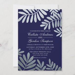Invitation Élégant Feuille Mariage en argent bleu marine