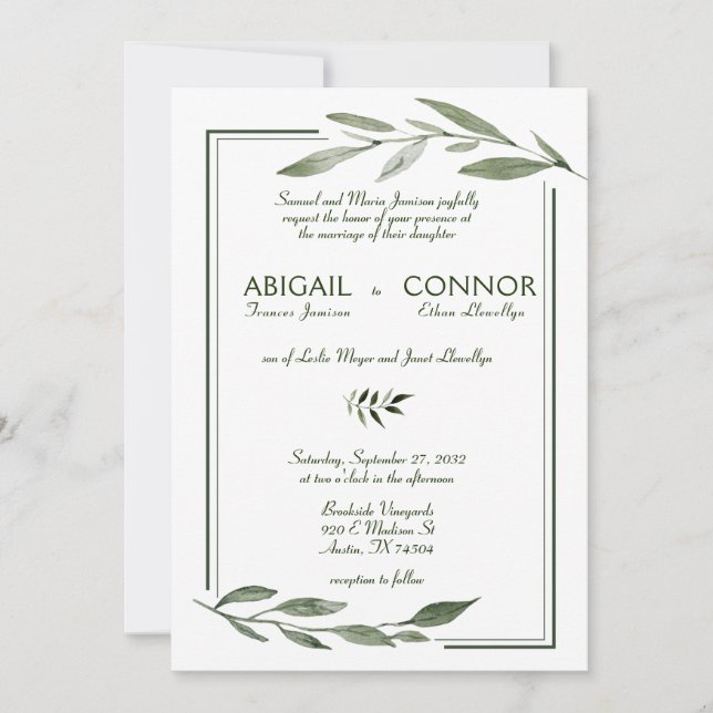 Invitation Élégant Feuille minimaliste Cadre Mariage vert (Devant)