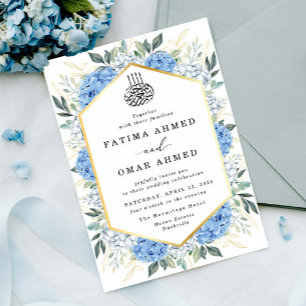Invitation Elégant Feuille or bleu Floral Mariage musulman