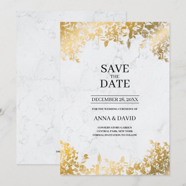 Invitation Élégant Feuille Or Marbre Enregistrer Le Mariage D (Devant / Derrière)
