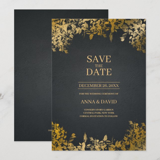 Invitation Élégant Feuille Or, Noir Enregistrer Le Mariage Da (Devant / Derrière)
