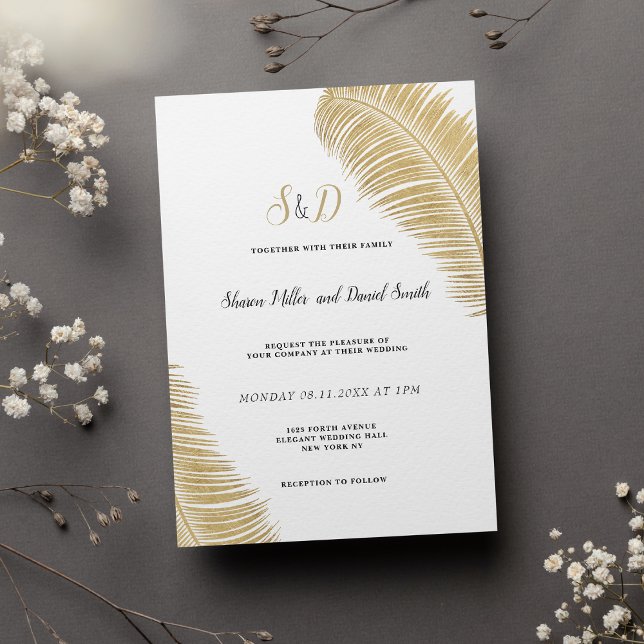 Invitation Élégant feuille tropical blanc et or mariage (Elegant tropical white and gold leaves wedding)