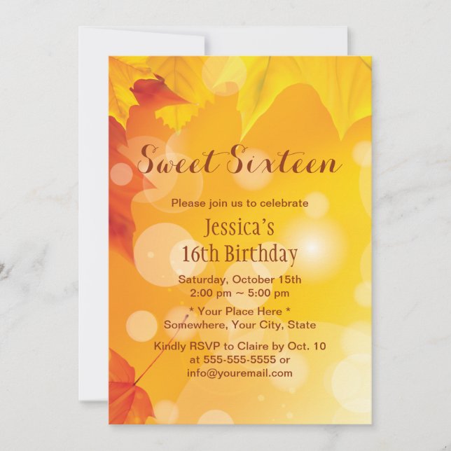 Invitation Élégant Feuilles d'automne Golden Sweet 16 (Devant)