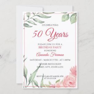 Invitation Elégant Feuilles verts et Rose Rose Maman Annivers