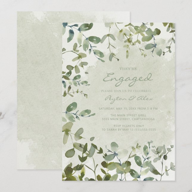 Invitation Elégant Fiançailles blanc Eucalyptus Vert Sage (Devant / Derrière)