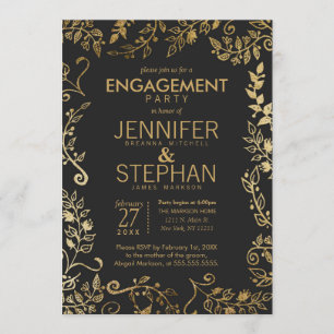 Invitation Élégant Fiançailles floral noir et jaune