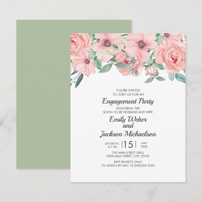 Invitation Élégant Fiançailles floral rose rose rose rose (Devant / Derrière)