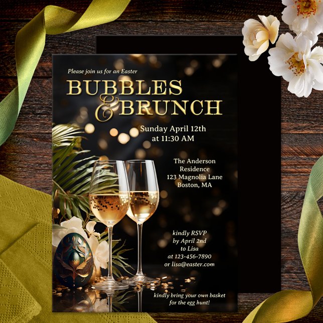 Invitation Élégant Flambant Boules de Pâques et Brunch (Stylish and festive Easter Bubbles & Brunch invitation showing two glasses of sparkling wine and egg)
