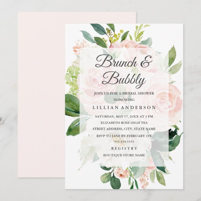 Invitation Élégant Fleur de Pêche Douce Brunch et Bubbly (Devant / Derrière)