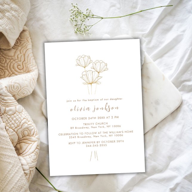 Invitation Élégant Fleur d'or Christening Girl Baptême (Elegant Gold Flower Christening Girl Baptism Invitation)