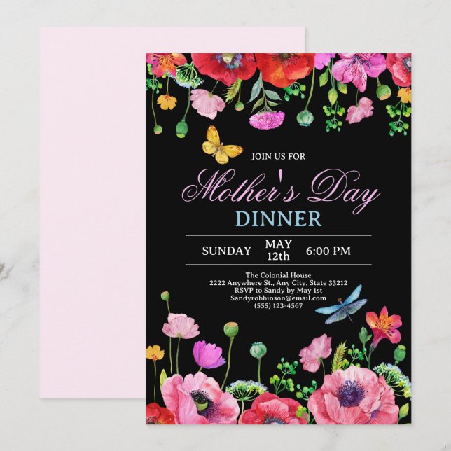 Invitation Élégant Fleur sauvage Black Chic Dîner de la Fête  (Devant / Derrière)
