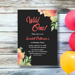 Invitation Elégant Fleur sauvage Black Floral 1er anniversair