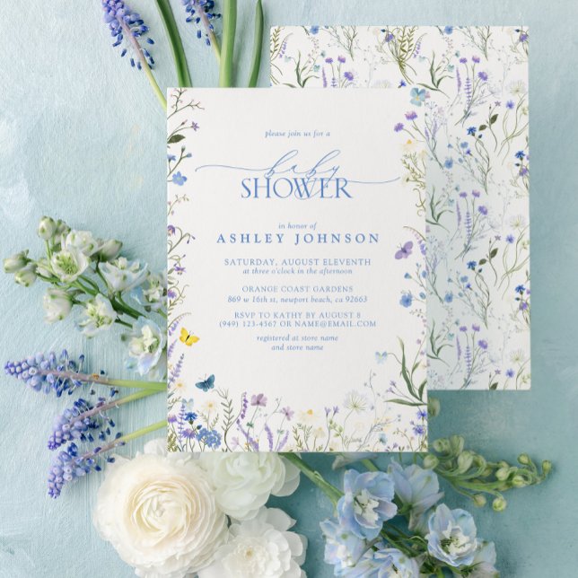 Invitation Élégant Fleur sauvage Bleu Baby shower neutre genr (Easily personalize this sweet baby shower invitation with your unique details)