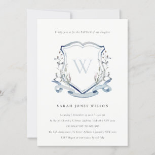 Invitation Élégant Fleur sauvage Bleu Monogramme Crest Baptêm
