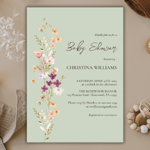 Invitation Elégant Fleur sauvage Boho Sage Baby shower