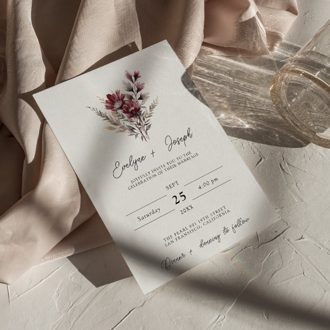 Invitation Élégant Fleur sauvage Bourgogne Boho Mariage Flora (Créateur téléchargé)