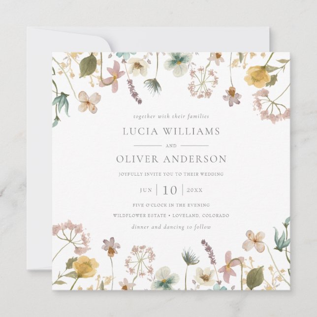 Invitation Elégant Fleur sauvage Carré Mariage aquarelle (Devant)