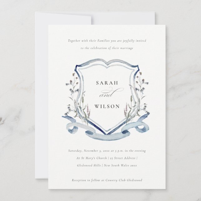 Invitation Elégant Fleur sauvage d'aquarelle bleu Mariage Cre (Devant)