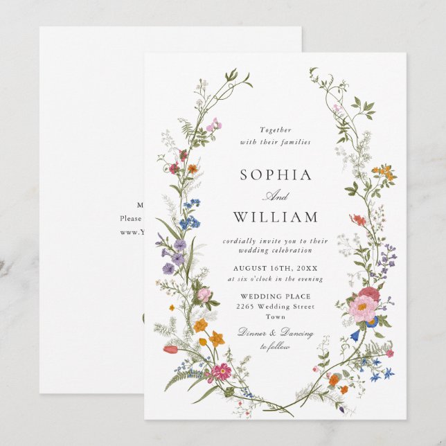 Invitation Elégant Fleur sauvage d'aquarelle Mariage (Devant / Derrière)