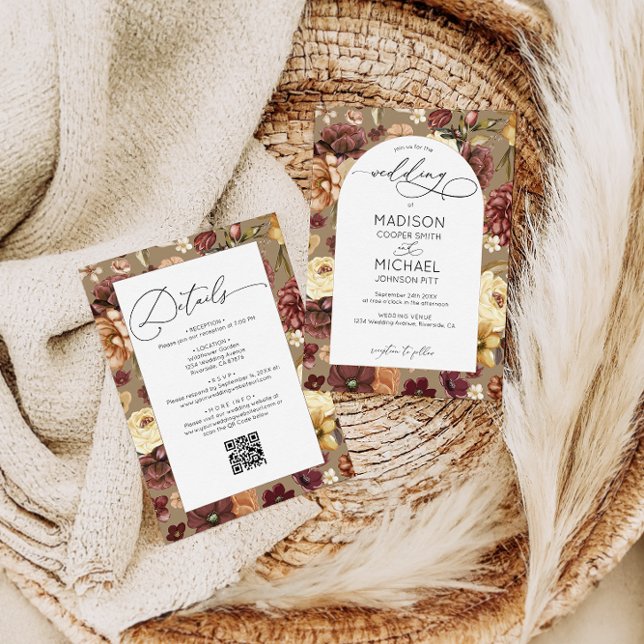 Invitation Élégant Fleur sauvage de automne Floral QR Code Ma (Créateur téléchargé)