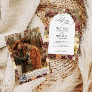 Invitation Élégant Fleur sauvage de l'automne QR Code Mariage