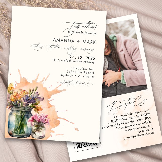 Invitation Élégant Fleur sauvage Mason Jar Qr code Mariage (Créateur téléchargé)