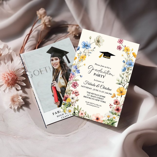Invitation Élégant Fleur sauvage Meadow Garden Twin Graduatio (Créateur téléchargé)