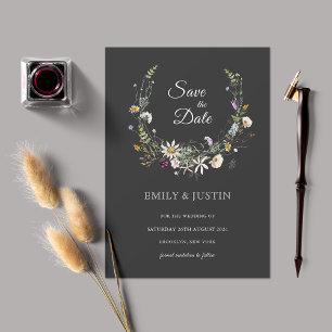 Invitation Élégant Fleur sauvage noir Enregistrer le Mariage 