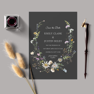 Invitation Élégant Fleur sauvage noir Enregistrer le Mariage 