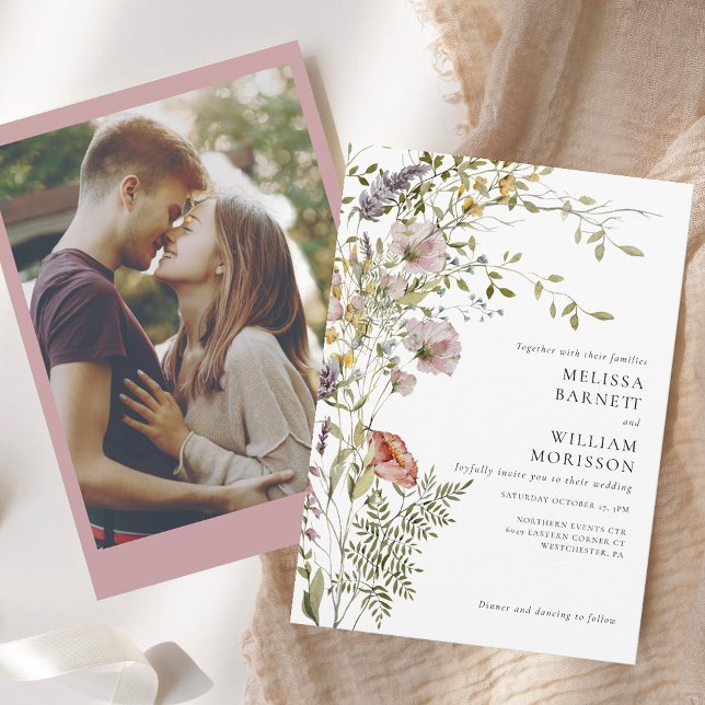 Invitation Élégant Fleur sauvage photo Mariage (Elegant Floral Wildflower Photo Wedding Invitation)