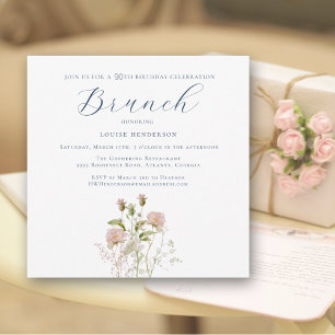 Invitation Elégant Fleur sauvage rose 90e anniversaire Brunch
