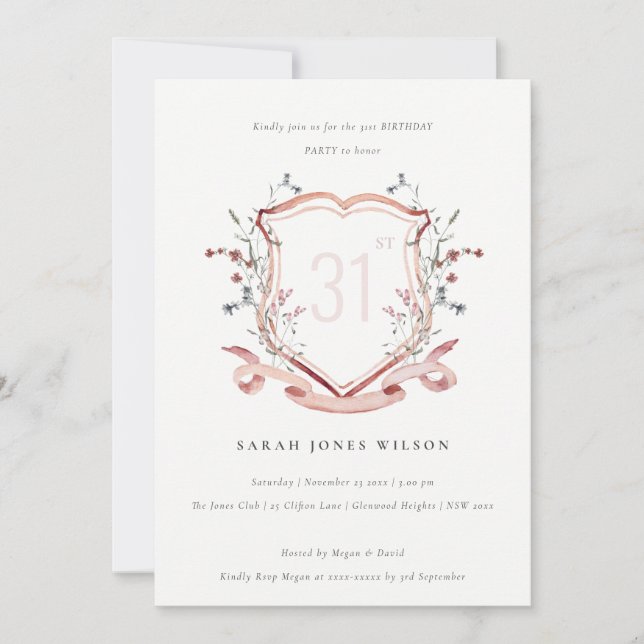 Invitation Elégant Fleur sauvage rose Monogram Crest Annivers (Devant)