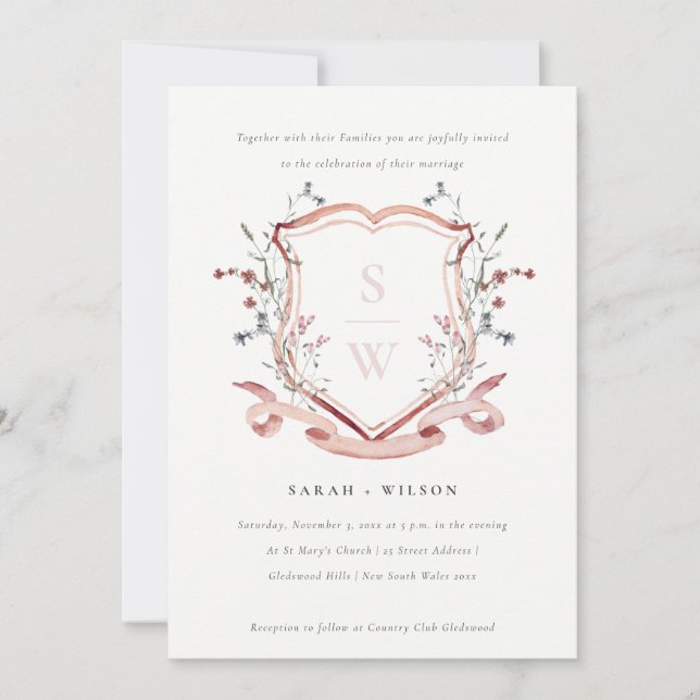Invitation Élégant Fleur sauvage rose Monogram Crest Mariage (Devant)