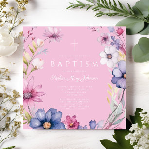 Invitation Élégant Fleur sauvage rose Wreath Girl Baptême