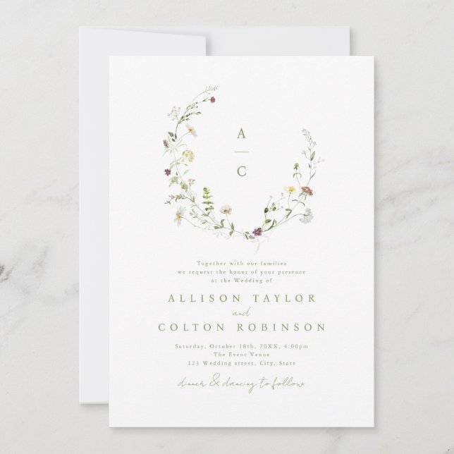 Invitation Élégant Fleur sauvage Rustic Boho Mariage monogram (Devant)