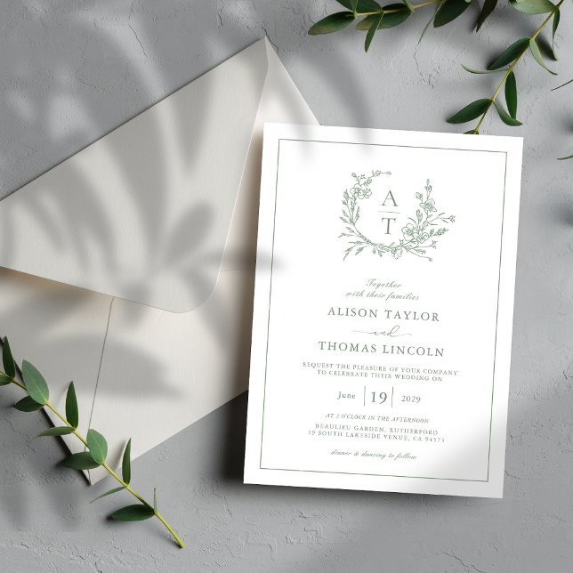 Invitation Élégant Fleur sauvage vert Sage Mariage Crest (Créateur téléchargé)