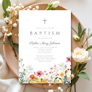 Invitation Élégant Fleur sauvage Wreath Cross Girl Baptism