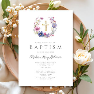 Invitation Élégant Fleur sauvage Wreath Girl Baptism