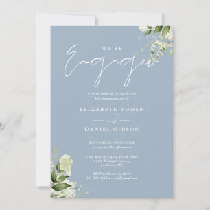 Invitation Élégant Fleurs Bleu Poussiéreux Fête de Fiançaille