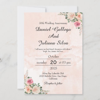 Invitation Élégant Fleurs Crème Rose Mariage Anniversaire