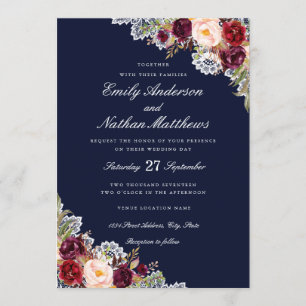 Invitation Élégant Fleurs de Dentelle de Mariage en Marine et
