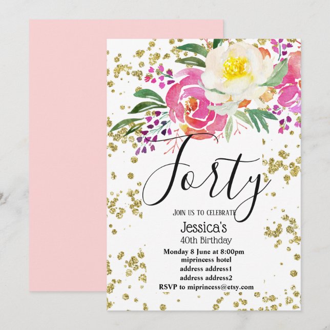 Invitation élégant, fleurs de printemps rose fête florale (Devant / Derrière)