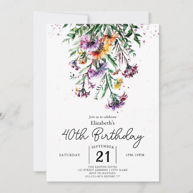 Invitation Élégant Fleurs sauvages personnalisés 40e annivers (Devant)