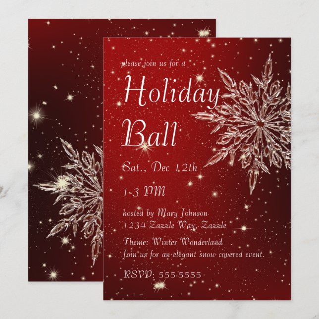 Invitation Élégant flocon de neige dans Red Ball (Devant / Derrière)
