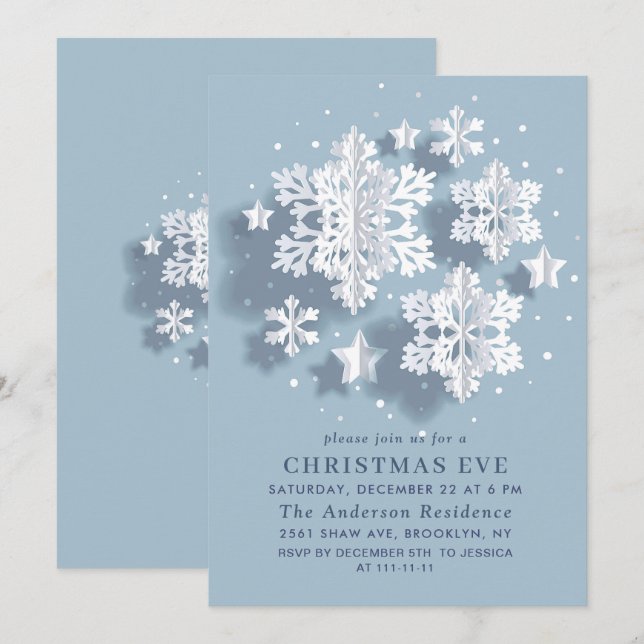 Invitation Élégant Flocon de neige Fête NOËL EVE (Devant / Derrière)