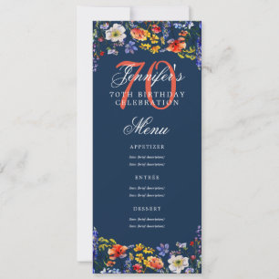 Invitation Elégant Floral 70th Birthday Party Menu Marine