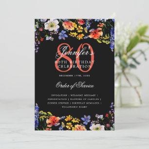 Invitation Elégant Floral 80e Anniversaire Menu Black