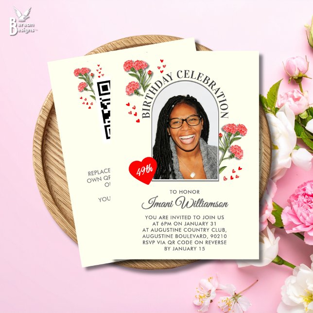 Invitation Elegant Floral ANY AGE Photo Birthday  (JANUARY Birth Month Flower Birthday Any Age Invitation with QR code.)