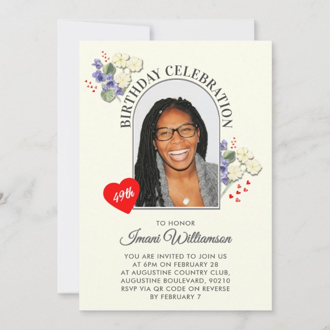 Invitation Elegant Floral ANY AGE Photo FEBRUARY Birthday (Devant)
