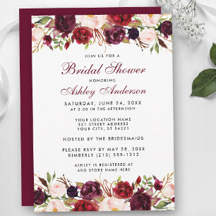 Invitation Élégant floral aquarelle bordeaux Baby Shower